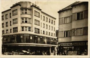 1934 Ungvár, Uzshorod, Uzhorod; Zivnodum, Drúzstvo CSL. Legionaru / utcakép, Slovenka, Jaroslav Kolár üzlete / street view, shops
