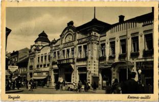 1940 Ungvár, Uzshorod, Uzhorod; Korona szálloda, drogéria (gyógyszertár), Feldmann, Major üzlete, kerékpár, automobil / hotel, pharmacy, shops, bicycle, automobile (EK)