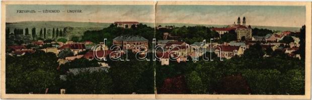 1923 Ungvár, Uzshorod, Uzhorod; kihajtható panorámalap, rajta Görögkatolikus székesegyház és püspöki palota. Kiadja Jakob Reismann / foldable panoramacard with Greek Catholic cathedral and bishop's palace (fl)