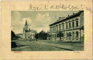 1912 Munkács, Mukacheve, Mukacevo; Fő utca, Állami elemi iskola, Római katolikus székesegyház. W. L. Bp. / main street, school, cathedral (r)