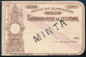 1933 A Magyar Királyi Államvasutak III. osztály szabadjegye, MINTA, 0000 sorszámmal, jó állapotban