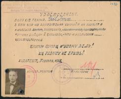 1945 Orosz nyelvű fényképes vöröskeresztes igazolás, magyar bélyegzőkkel
