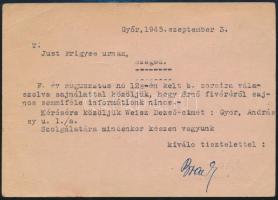 1945 a Deportáltak Győri Bizottsága levelezőlapja Just Frigyes szegedi gyógyszerész részére családtagjai ügyében, okmánybélyegekkel