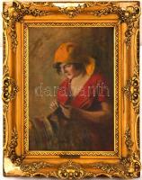 Glatter Ármin (1861-1931): Sárga fejkendős varró lány. Olaj, vászon, jelzett, sérült keretben, 52×35...