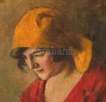 Glatter Ármin (1861-1931): Sárga fejkendős varró lány. Olaj, vászon, jelzett, sérült keretben, 52×35...