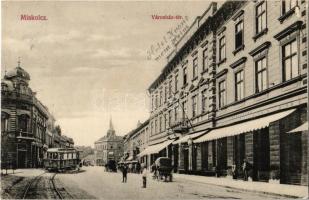 1907 Miskolc, Városház tér, Korona szálloda, sörcsarnok, villamos, konflisok. D. K. Bp. 1906.-1148. (EK)