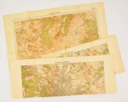 1936-1940 Vegyes térkép tétel, 3 db, közte 2 db Budapest és környéke térképpel, Pásztó és Szirák, az egyik Budapest térkép sérült, a hajtások mentén szakadásokkal, 47x63 cm és 46x61 cm közötti méretben.