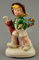 Esernyős kisfiú, német porcelán figura, kézzel festett, jelzett, apró kopásokkal, m: 12 cm