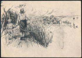 Jelzés nélkül: Két oldalas vázlat rajz. Tus, papír, 14×19,5 cm