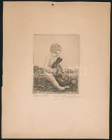 Olvashatatlan jelzéssel: Kisfiú nyuszival. Rézkarc, papír, 11×8,5 cm