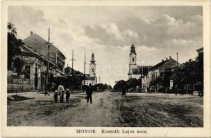 Monor, Kossuth Lajos utca, Turul üzlet, Református templom, Római katolikus templom. Kiadja Burján Béla