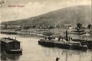 1913 Tokaj, Bodrog partja a Szatmár csavaros vontató gőzhajóval, uszályokkal. Kiadja Helm Sámuel