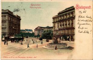 1904 Budapest VIII. Kálvin tér, Nemzeti Múzeum, szökőkút, villamos. Erdélyi cs. és kir. udv. fényképész felvételei után. litho