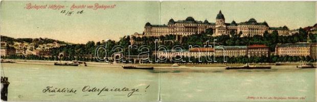 1906 Budapest I. Királyi vár látképe. Kihajtható panorámalap. Erdélyi cs. és kir. udv. fényképész felvételei után, litho