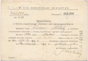 1940. Károly-csapatkereszt viselésére jogosító igazolvány, Magyar Királyi Honvédelmi Miniszter szárazpecséttel