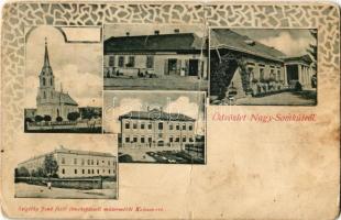 1909 Nagysomkút, Somcuta Mare; Római katolikus templom, Kővárvidéki Takarékpénztár, Teleki kastély, M. kir. Állami elemi népiskola, Megyeháza. Szigethy Jenő festő fényképészeti műterméből / Catholic church, savings bank of Tara Chioarului, castle, elementary school, county hall. Art Nouveau (fa)