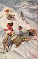 Sledding people, winter sport, romantic couple in the snow. W.R.B. & Co. Serie Nr. 22-16. s: W. H. Brandt + 1916 K.u.K. I. Seebataillonskommando Marinefeldpostamt Pola