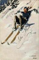 1912 Wintersport / Skiing down the hill, winter sport. A.S.M. Serie 574. 6 Dessins. s: O. Merté