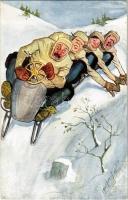Wintersport / Four-men controllable bobsled, sledding down, winter sport, humour. B.K.W.I. 412-4. s: Carl Josef