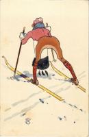 Wintersport / winter sport, skiing lady, slightly erotic, humour. 26/VI. litho s: T. M. (EK)