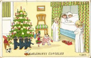 Karácsonyi üdvözlet / Christmas children art postcard. M. Munk Nr. 1412. litho s: Pauli Ebner (kis szakadás / small tear)