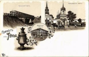 Tula, cast iron bridge, Kremlin gates, Assembly of Gentry, meeting hall, Tula samovar. O.Z.M. 9258. Art Nouveau, floral, litho