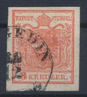 1850 3kr HP Ia sötétcinnóner, geriffelt, lemezhibás bélyeg (folt a pajzson) "(SZE)GEDIN". Certificate: Steiner, 1850 3kr HP Ia dark cinnabar, plate flaw