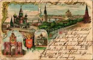 1906 Moscow, Moskau, Moscou; Saint Basile, Saint Sauveur, Porte Rouge, St. Michel Archange / Saint Basils Cathedral, Cathedral of Christ the Saviour, Red Gate, Cathedral of the Archangel, coat of arms. A. Schwerdtfeger & Co. No. 366. Art Nouveau, floral, litho (fl)