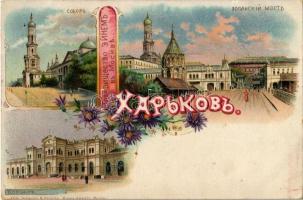 Kharkiv, Kharkov, Harkov, Chárkiv, Charkow; Cathedral, Lopansky bridge, railway station. Otto Schaefer & Scheibe Kunstanstalt. Art Nouveau, floral, litho (fl)