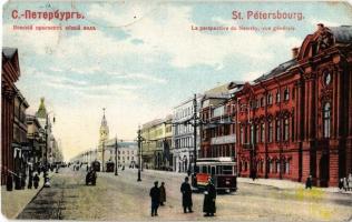Sankt-Peterburg, Saint Petersburg, St. Petersbourg; La perspective du Newsky, vue generale / Nevsky Prospect (Prospekt), street view with tram. Edit. W. Pfister (EM)
