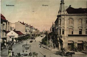 1915 Debrecen, Fő utca, Royal Kioszk, Bank, Kühne Gépgyár reklámja a hirdetőoszlopon, villamos, üzletek