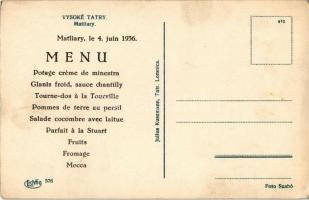 Matlárháza, Tatranské Matliare (Magas-Tátra, Vysoké Tatry); szálló. étlap a hátoldalon / hotel. menu...
