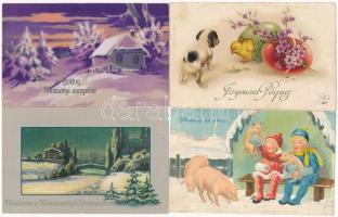 39 db RÉGI üdvözlő motívumlap: sok karácsony, dombornyomott és malacos / 39 pre-1945 greeting art mo...