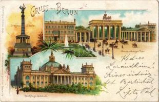 Berlin, Sieges-Säule, Brandenburger Thor, Reichstags-Gebäude / gate, palace, monument. Kunstverlag J. Goldiner Art Nouveau, floral, litho