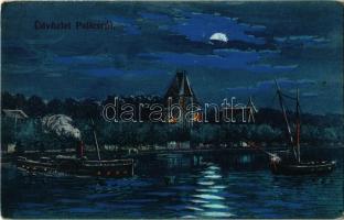 Palics, Palic; folyópart este / riverside at night (Rb)