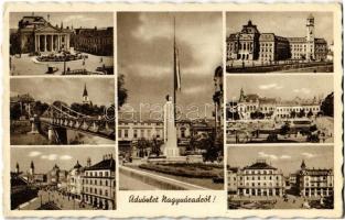 2 db RÉGI erdélyi városképes lap országzászlóval: Székelykeresztúr, Nagyvárad / 2 pre-1945 Transylva...