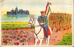 Horthy Miklós fehér lovon katonákkal / Hungarian irredenta greeting art postcard. Horthy (EK)
