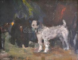 Bornemisza László (1910-1995): Kutyák. Olaj, vászon-karton, üvegezett keretben, 24×32 cm