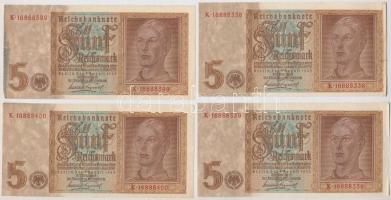 Német Harmadik Birodalom 1942. 5M (4x) 2x2 sorszámkövető pár T:II,III German Third Reich 1942. 5 Mark (4x) 2x2 sequential serials pairs C:XF,F Krause 186.a