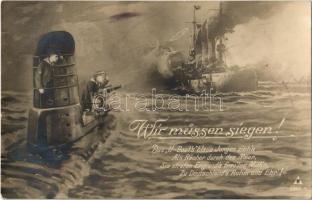 Wir müssen siegen! Des U-Boots blaue Jungen ziehn... / WWI K.u.K. Kriegsmarine art postcard with mariners on submarine, naval battle + K.U.K. KRIEGSMARINE S.M. B. 83 F