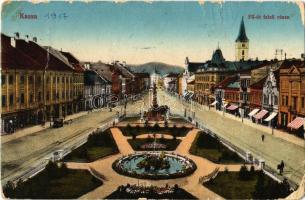 1917 Kassa, Kosice; Fő út felső része, üzletek, Szentháromság szobor / main street, shops, Holy Trinity statue (kopott sarkak / worn corners)