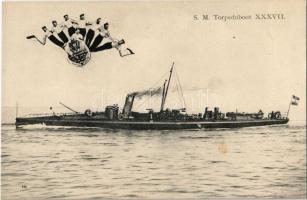SM Tb 37 (ex Würger) osztrák-magyar haditengerészet Schichau-osztályú torpedónaszád, matrózok / K.u.K. Kriegsmarine SM Torpedoboot XXXVII (ex Würger) / Austro-Hungarian Navy SM Tb 37 (ex Würger) Schichau-class torpedo boat, mariners. G. Fano Pola 1909-10. 129.