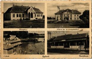 1939 Gyömrő, Községháza, Főbírói hivatal az Országzászlóval, Tófürdő, fürdőzők, strand, Vasútállomás (EB)