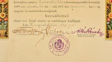 1940 Levente emléklap, jó állapotban. Kunszentmiklósi katonai parancsnokság pecsétjével. 26x36 cm