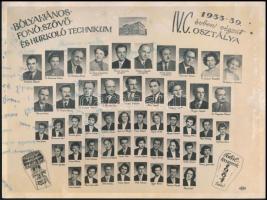 1959 Budapest, Bólyai János Fotó-, Szövő- és Hurkoló Technikum tanárai és végzett növendékei, kistabló nevesített portrékkal, tintafoltos, sérült, 18x24 cm