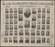 1943 Budapest, M. Kir. Állami Zrínyi Miklós Gimnázium tanárai és végzett növendékei, kistabló nevesített portrékkal, 17x19,5 cm