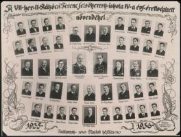 1936 Budapest, VII. ker., II. Rákóczi Ferenc Felsőkereskedelmi Iskola tanárai és végzett növendékei, kistabló nevesített portrékkal, 17x22,5 cm
