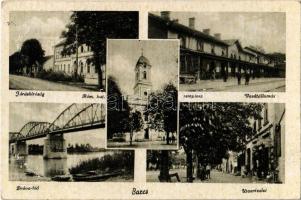 1944 Barcs, Járásbíróság, Római katolikus templom, Vasútállomás, Dráva híd, utca üzlettel (fl)