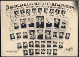 1951 Budapest, XIX. ker., Landler Jenő Ált. Gimnázium tanárai és végzett növendékei, kistabló nevesített portrékkal, 15,5x22 cm