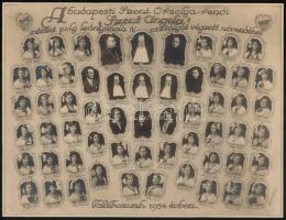 1929 Budapest, Szent Angela Polgári Leányiskola tanárai és végzett növendékei, kistabló nevesített portrékkal, 22x28,6 cm